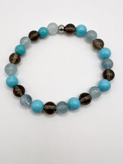 Bracelet en pierres naturelles Aigue marine, Quartz fumé et Turquoise
