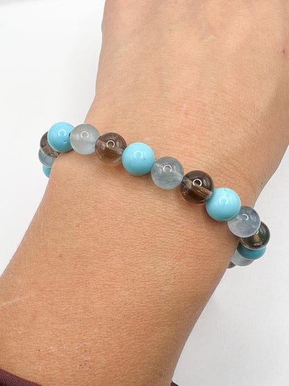 Bracelet en pierres naturelles Aigue marine, Quartz fumé et Turquoise