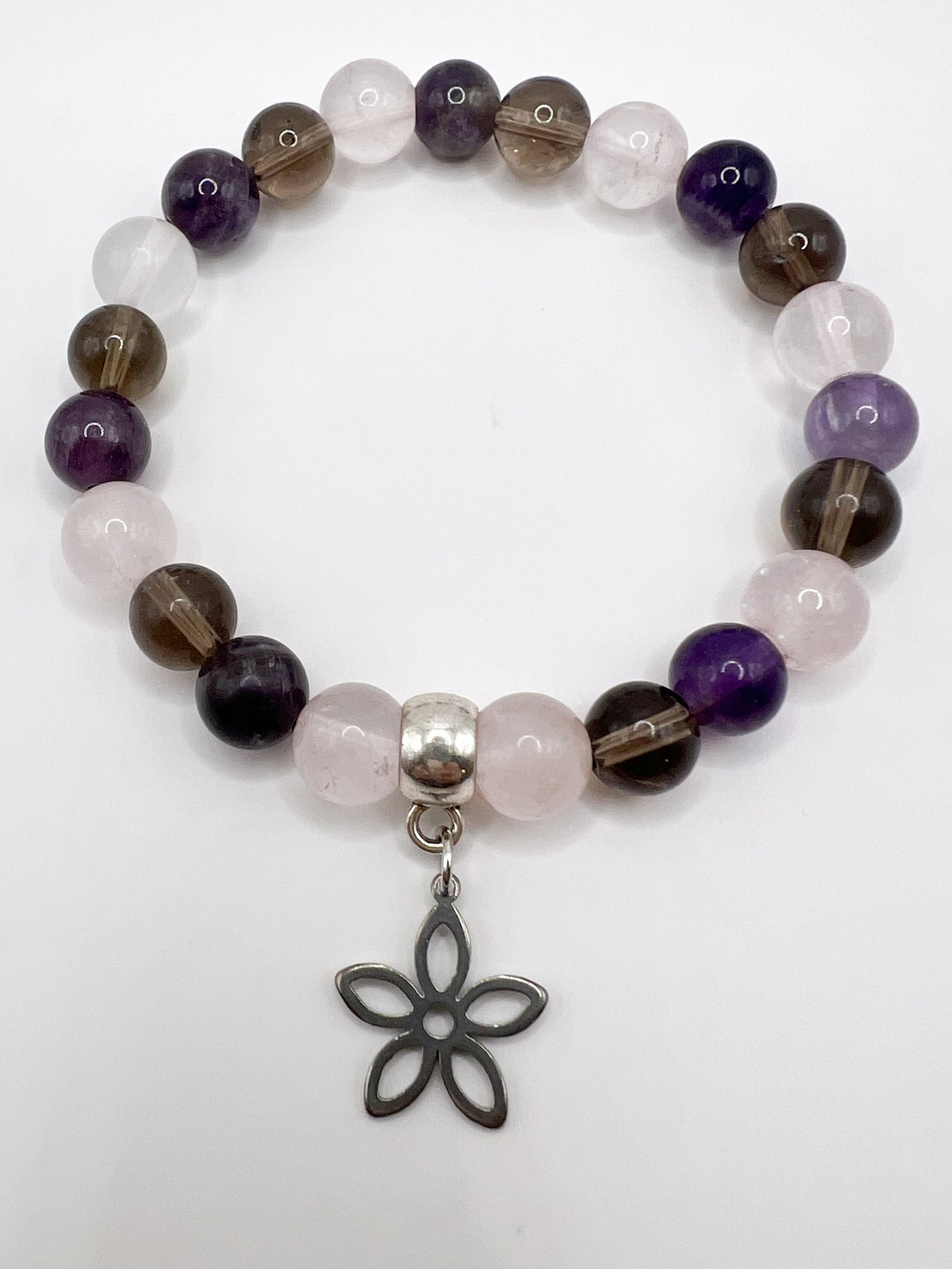 Bracelet sérénité en pierres naturelles quartz rose , améthyste et quartz fumé
