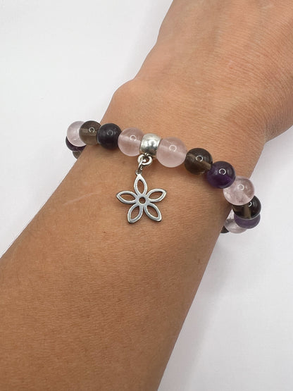 Bracelet sérénité en pierres naturelles quartz rose , améthyste et quartz fumé