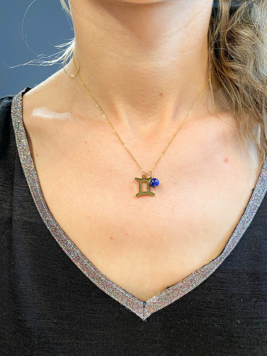 Collier gémeaux en acier inoxydable or avec pierre naturelle Lapis Lazuli