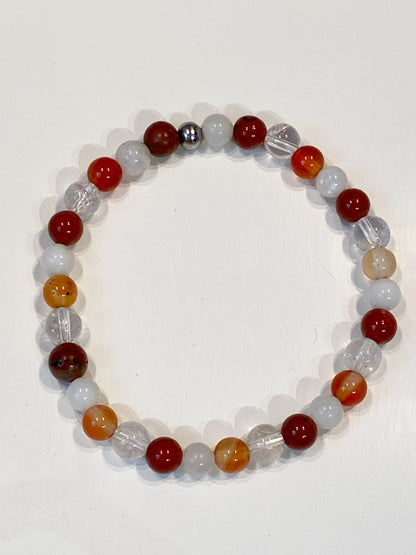 Bracelet fertilité en Cornaline , Pierre de lune, jaspe rouge et Cristal de roche 6mm