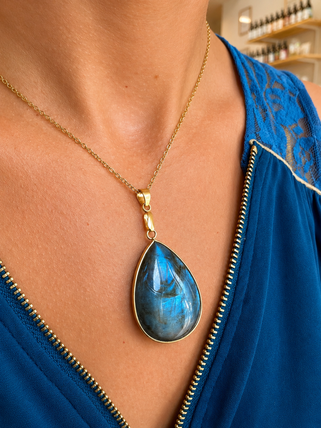 Collier Labradorite Femme en Acier Inoxydable Argenté