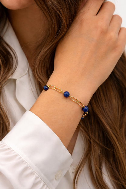 Bracelet lapis lazuli bienfaits, acier inoxydable doré femme