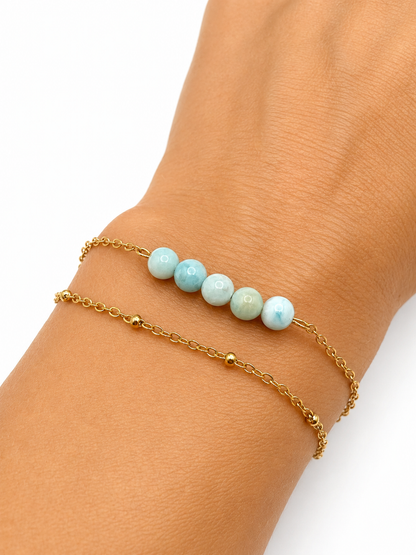 Bracelet Larimar naturel en acier inoxydable doré – pierre bleue apaisante, anti‑stress et élégante