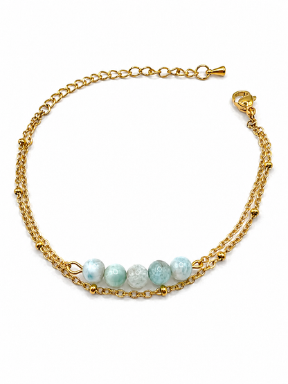 Bracelet Larimar naturel en acier inoxydable doré – pierre bleue apaisante, anti‑stress et élégante