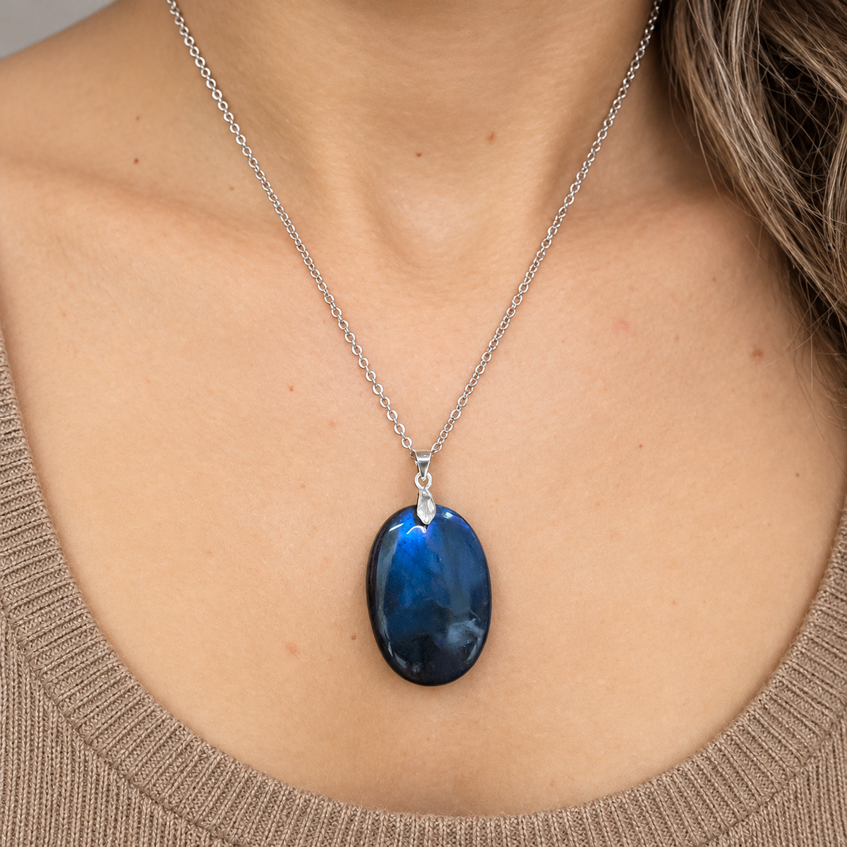 Collier labradorite naturelle – Pendentif en acier argenté