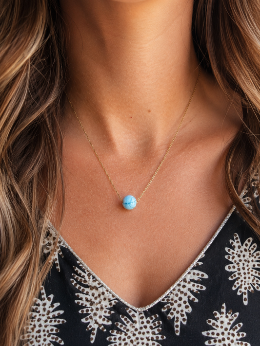 Collier Larimar Véritable – Perle 10 mm & Acier Inoxydable Argenté | Lithothérapie Femme