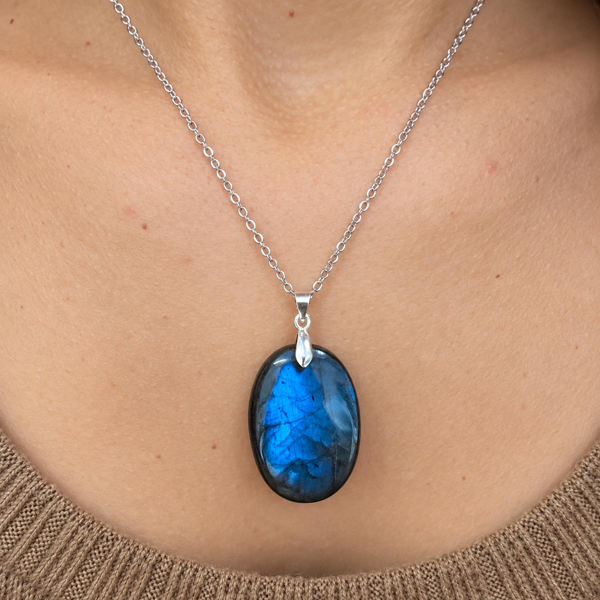 Collier labradorite naturelle – Pendentif en acier argenté