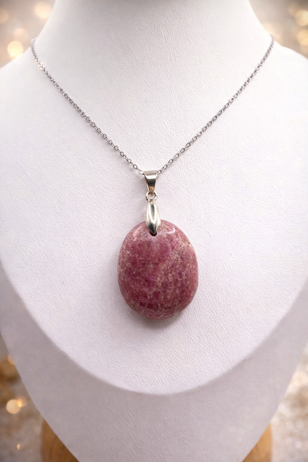 Collier en Rhodochrosite & Acier Inoxydable Argenté – Amour et Protection du Cœur
