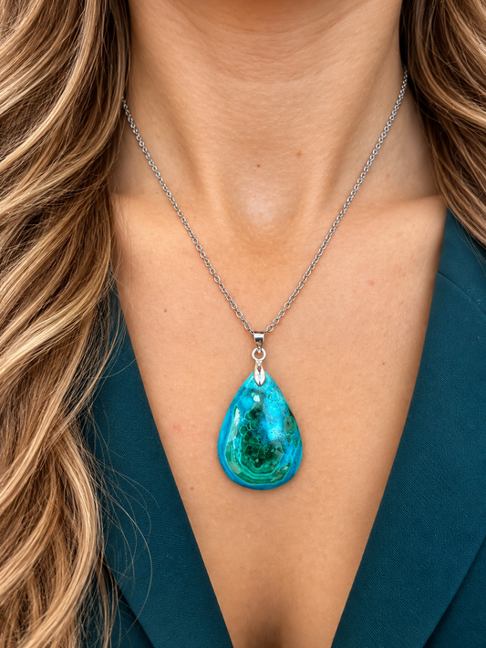 Collier azurite malachite en acier inoxydable argenté