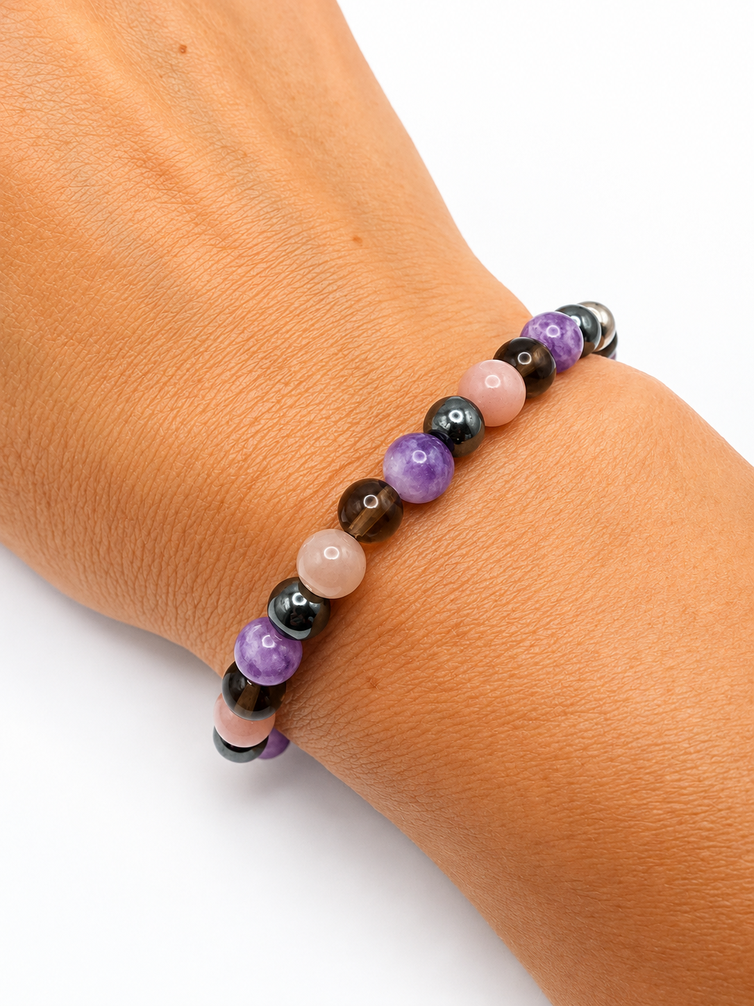 Bracelet anti-déprime pierres naturelles – pierre de soleil, lépidolite, hématite, quartz fumé