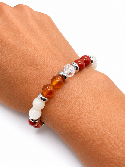 BRACELET FERTILITÉ PIERRES NATURELLES 8 MM – CORNALINE, PIERRE DE LUNE, JASPE ROUGE & CRISTAL DE ROCHE