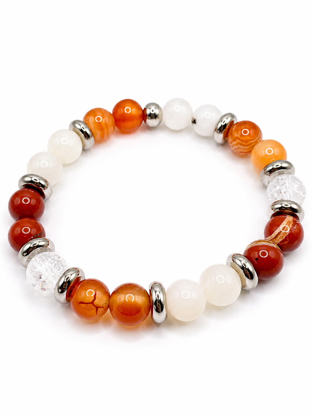 BRACELET FERTILITÉ PIERRES NATURELLES 8 MM – CORNALINE, PIERRE DE LUNE, JASPE ROUGE & CRISTAL DE ROCHE