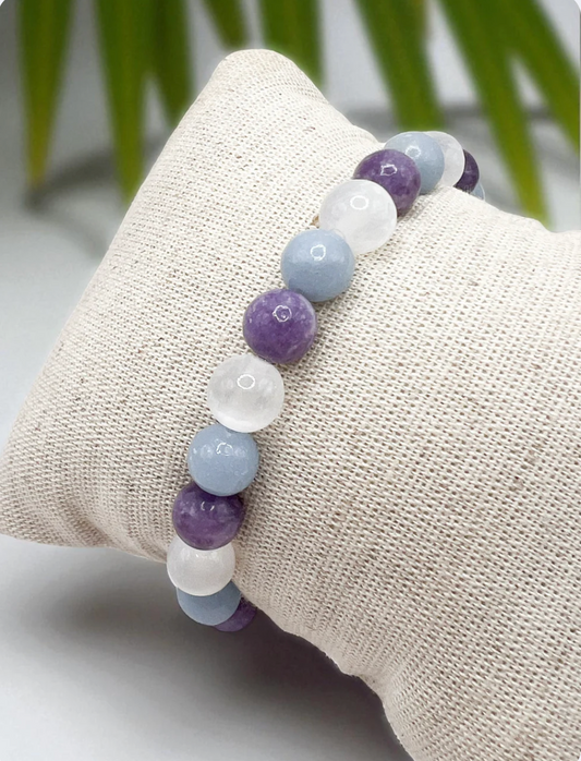 Bracelet Pierre pour le Sommeil & Cauchemars – Sélénite, Angélite & Lépidolite