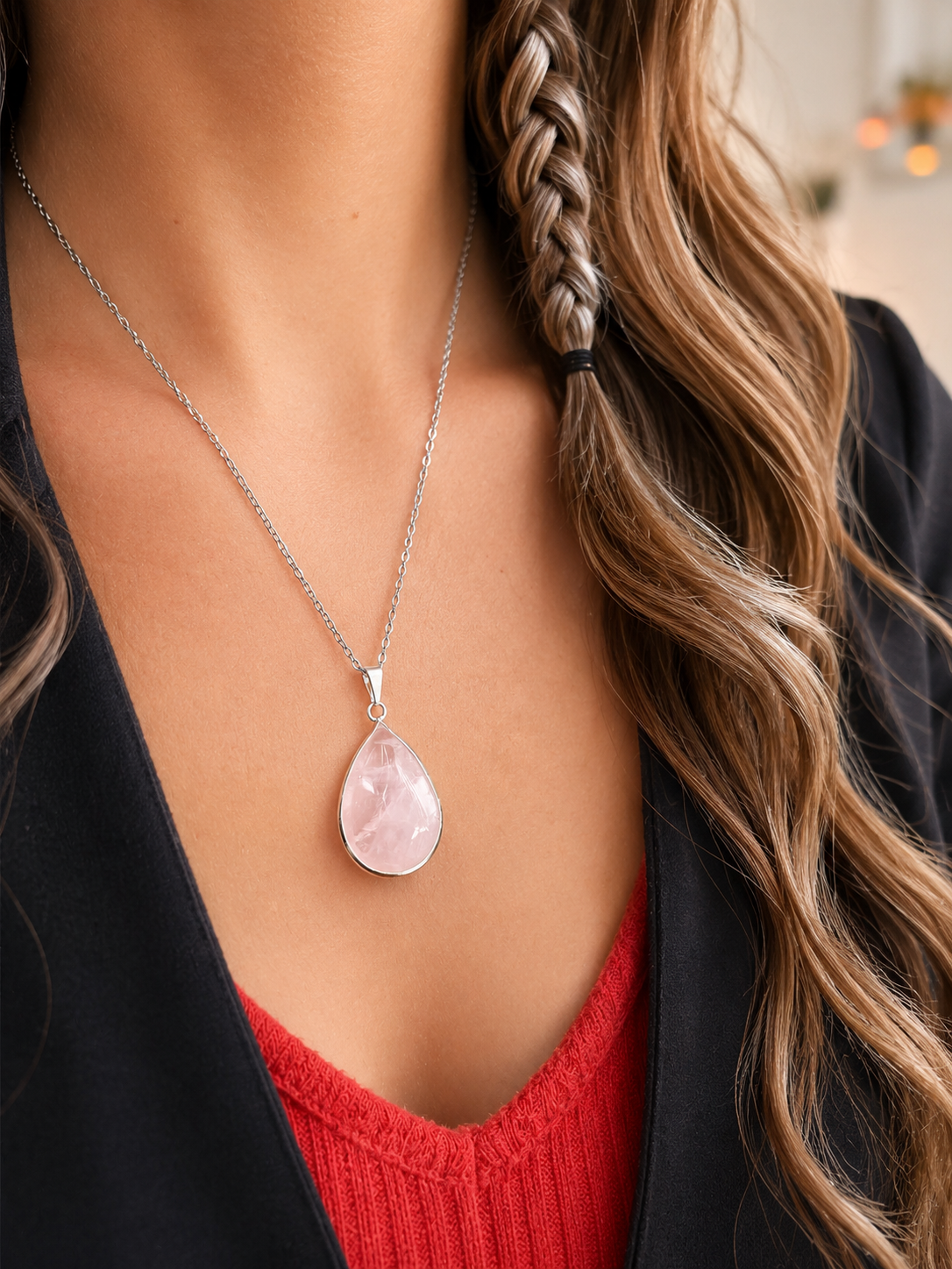 Collier quartz rose femme en acier inoxydable argenté – bijou pierre naturelle amour