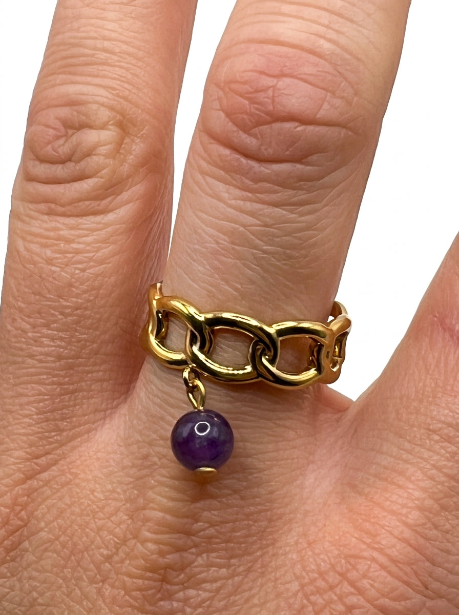 Bague Améthyste Véritable en Acier Inoxydable Doré – Bijou Femme Élégant & Lithothérapie