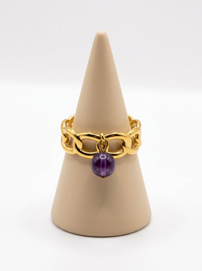 Bague Améthyste Véritable en Acier Inoxydable Doré – Bijou Femme Élégant & Lithothérapie