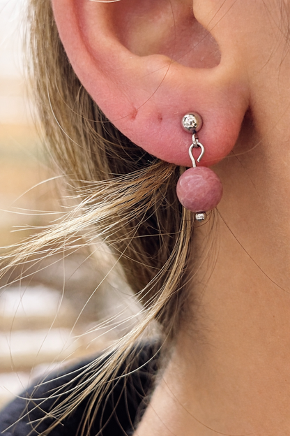 Boucles d’oreilles en rhodochrosite naturelle – Acier inoxydable argenté – Pierre de l’amour & bien-être