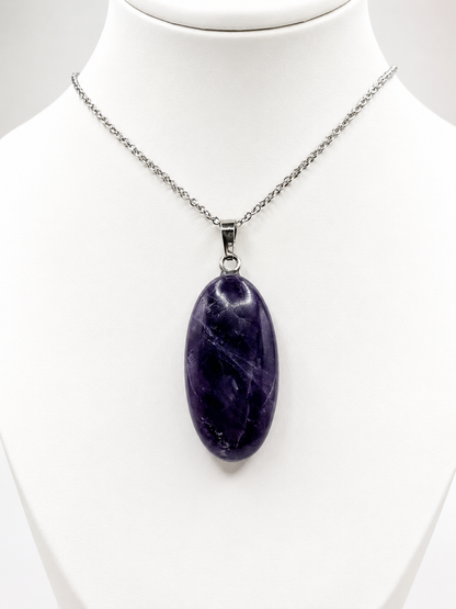 Collier pendentif améthyste acier couleur argent