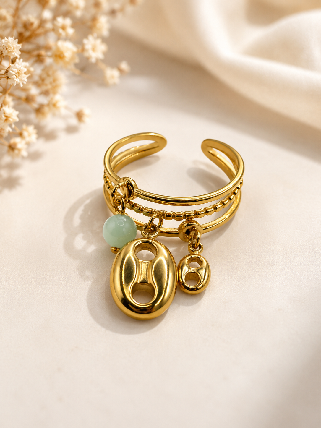 Bague Amazonite Femme – Pierre Naturelle & Acier Inoxydable Doré | Bague Lithothérapie