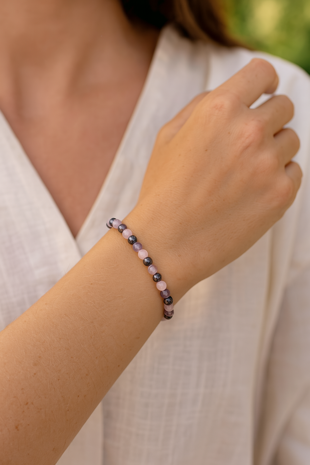 💫 Bracelet Apaisant en Quartz Rose, Améthyste & Hématite – Équilibre & Sérénité