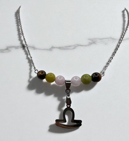 Collier Astro Balance en Quartz Rose, Jade, Œil de Tigre et Acier Inoxydable Argenté – Élégance et Équilibre