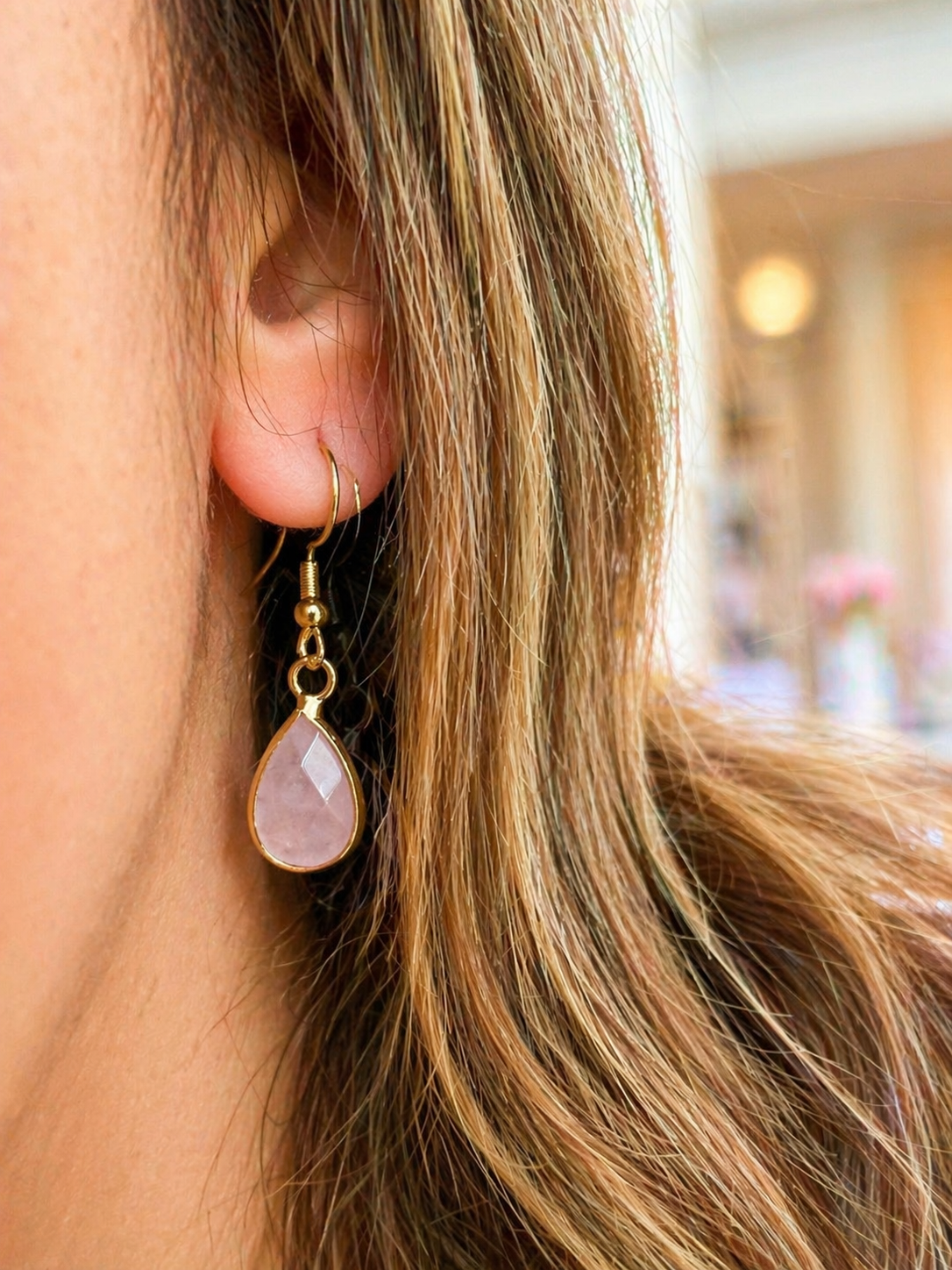 Boucles d’oreilles quartz rose pierre naturelle – Acier inoxydable doré – Boucle d’oreille femme élégante, bijou lithothérapie