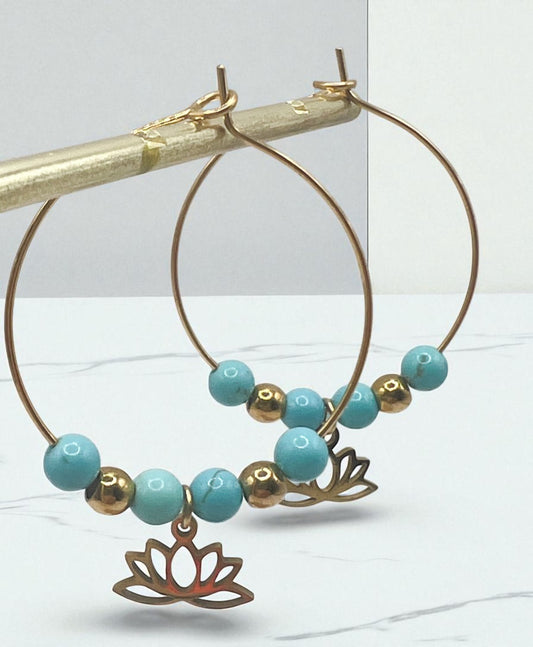 Créoles Turquoise et Acier Doré – Boucles d’Oreilles Bohèmes Chic & Énergie Positive