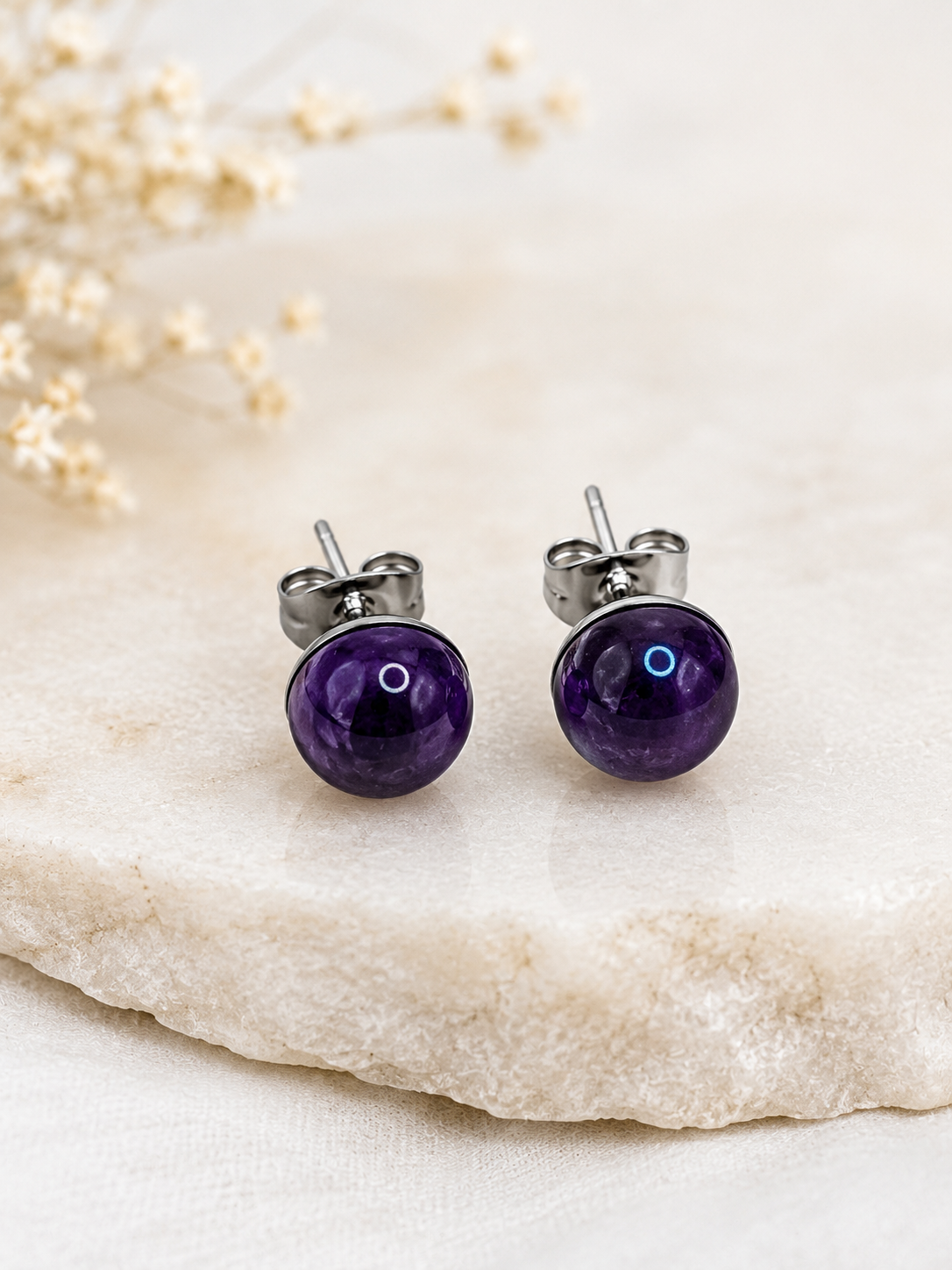 Boucles d'Oreilles Améthyste en Acier Inoxydable Argenté – Pierre Naturelle 8 mm