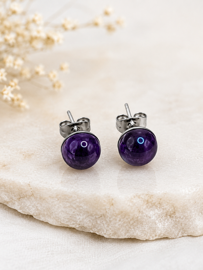 Boucles d'Oreilles Améthyste en Acier Inoxydable Argenté – Pierre Naturelle 8 mm