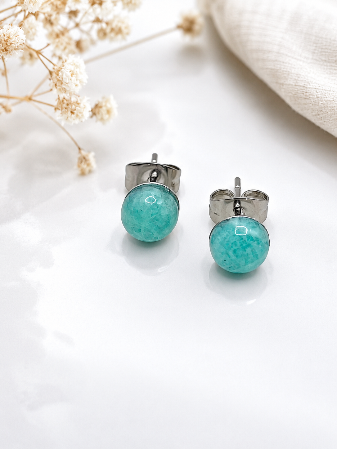 Boucles d'Oreilles Amazonite en Acier Inoxydable Argenté – Clous d'Oreilles Pierre Naturelle Femme