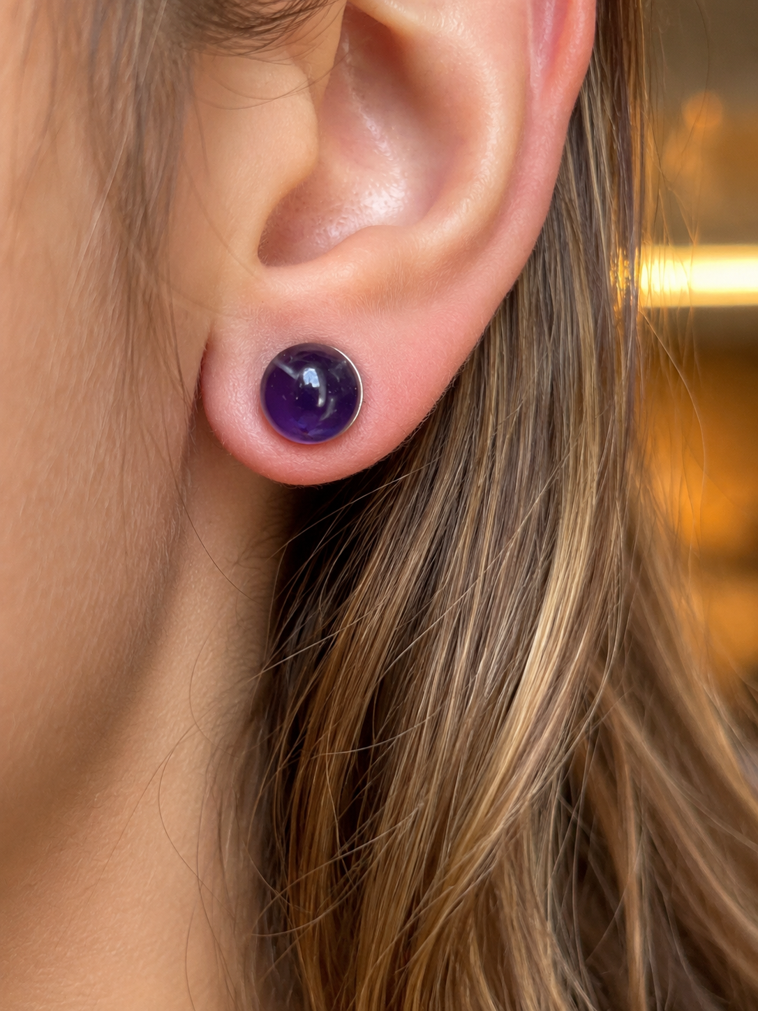 Boucles d'Oreilles Améthyste en Acier Inoxydable Argenté – Pierre Naturelle 8 mm