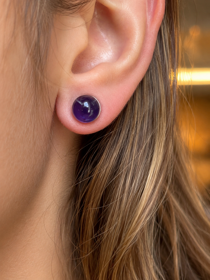 Boucles d'Oreilles Améthyste en Acier Inoxydable Argenté – Pierre Naturelle 8 mm