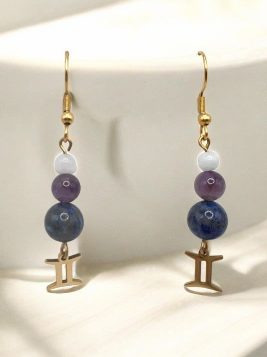 Cadeau Femme Gémeaux – Boucles d’Oreilles Lithothérapie Améthyste, Aigue-Marine et Lapis Lazuli