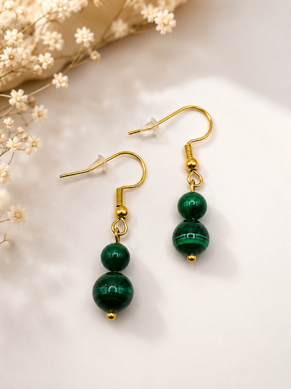 Boucles d'Oreilles Malachite Femme – Pierre Naturelle 8 mm & Acier Inoxydable Doré