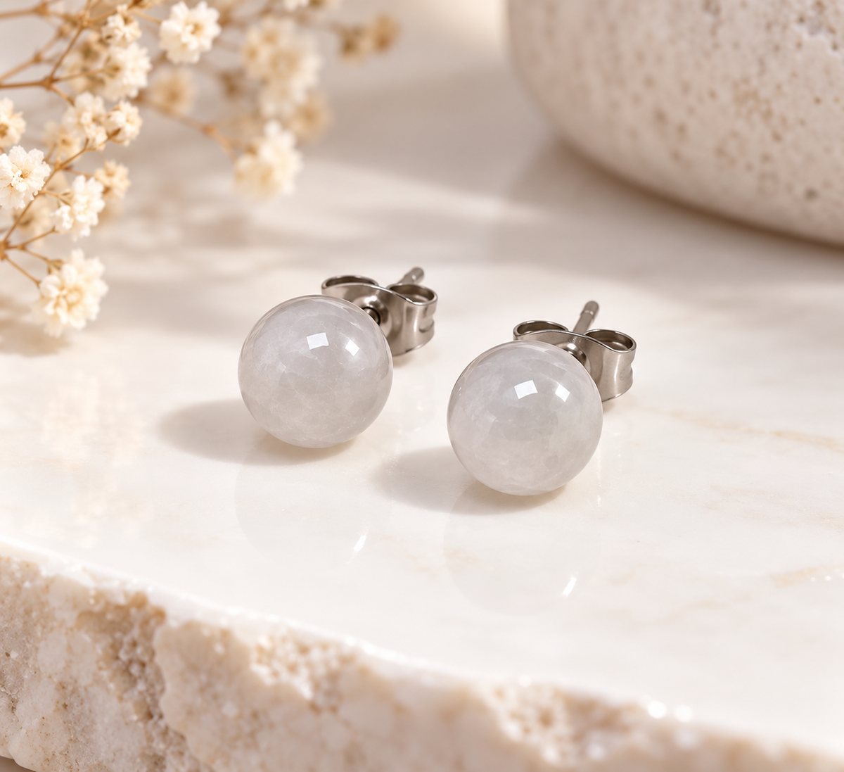 Boucles d’Oreilles Pierre de Lune en Acier Inoxydable Argenté – Bijou Femme