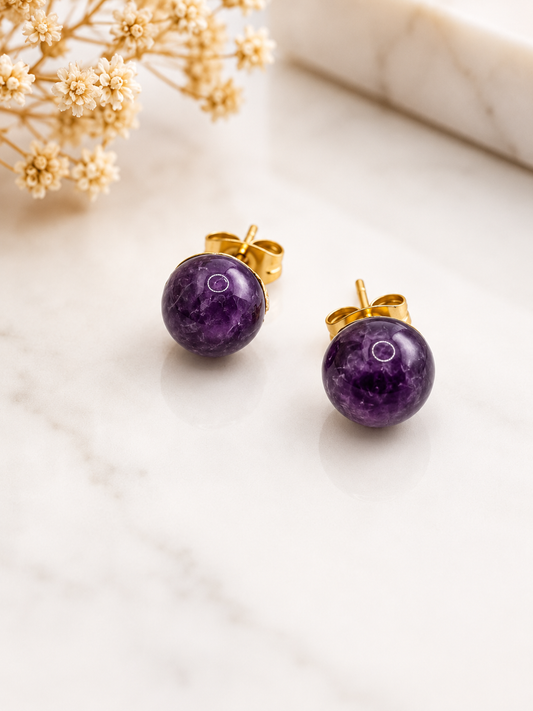 Boucles d'Oreilles Améthyste en Acier Inoxydable Doré – Pierre Naturelle 8 mm
