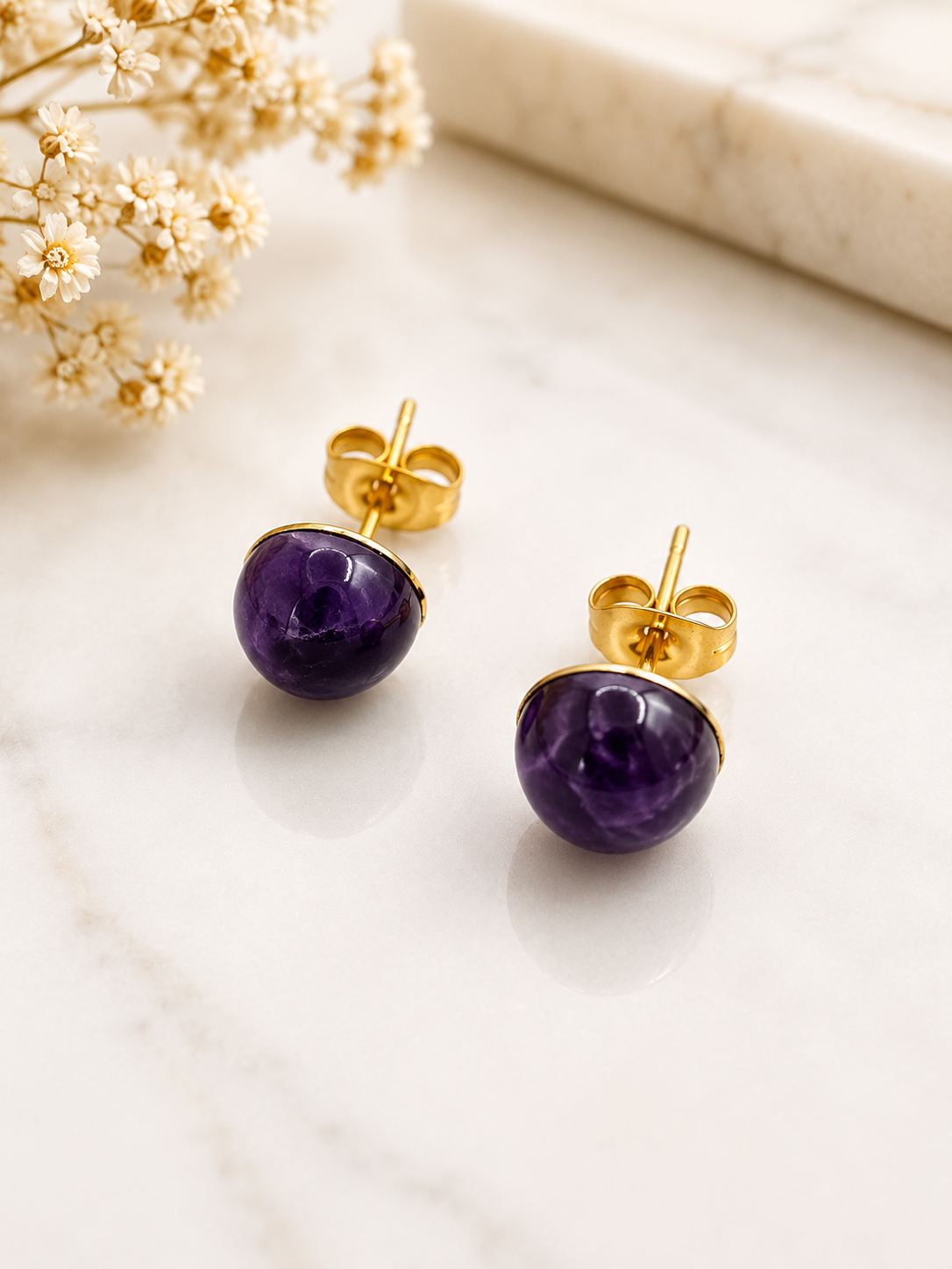 Boucles d'Oreilles Améthyste en Acier Inoxydable Doré – Pierre Naturelle 8 mm