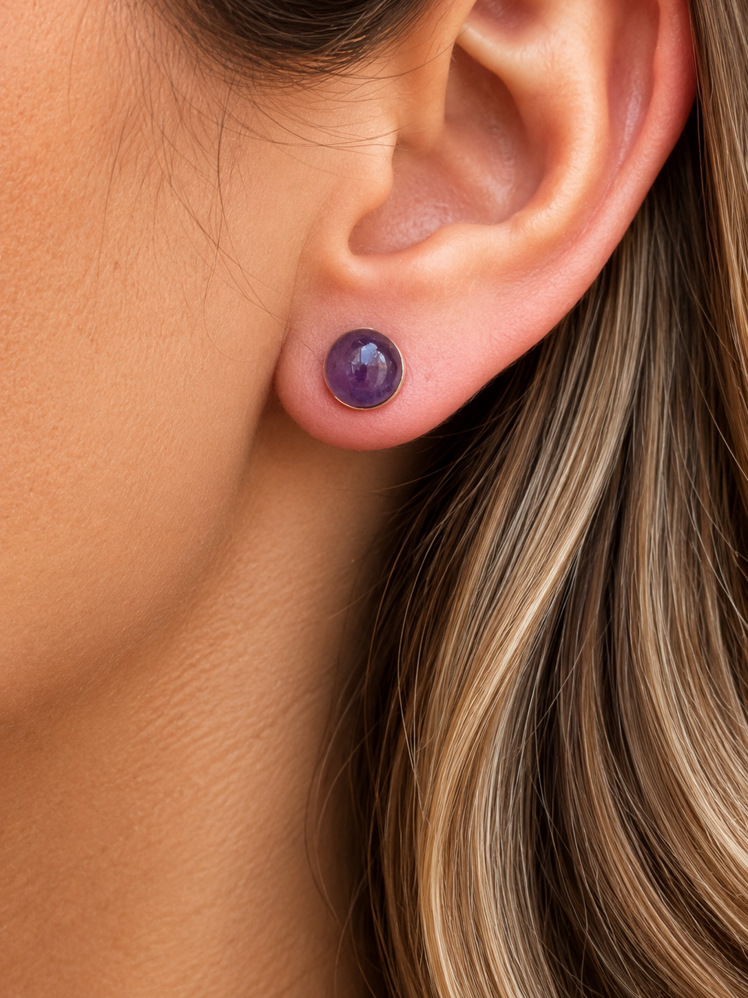 Boucles d'Oreilles Améthyste en Acier Inoxydable Doré – Pierre Naturelle 8 mm