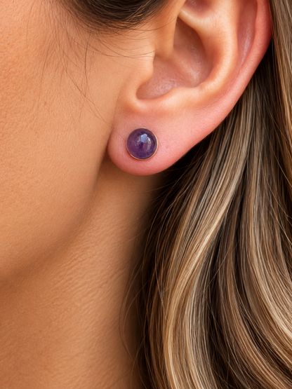 Boucles d'Oreilles Améthyste en Acier Inoxydable Doré – Pierre Naturelle 8 mm