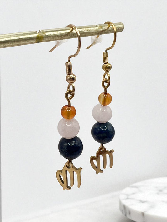 Boucles d'Oreilles Astro Vierge en Acier Doré avec Quartz Rose, Cornaline et Lapis Lazuli