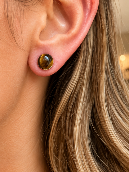 Boucles d'Oreilles Œil de Tigre en Acier Inoxydable Doré – Pierre Naturelle 8 mm