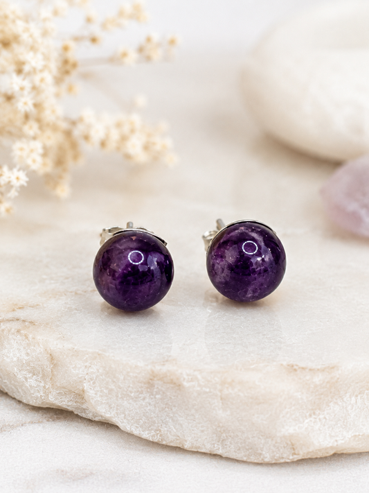 Boucles d'Oreilles Améthyste en Acier Inoxydable Argenté – Pierre Naturelle 8 mm