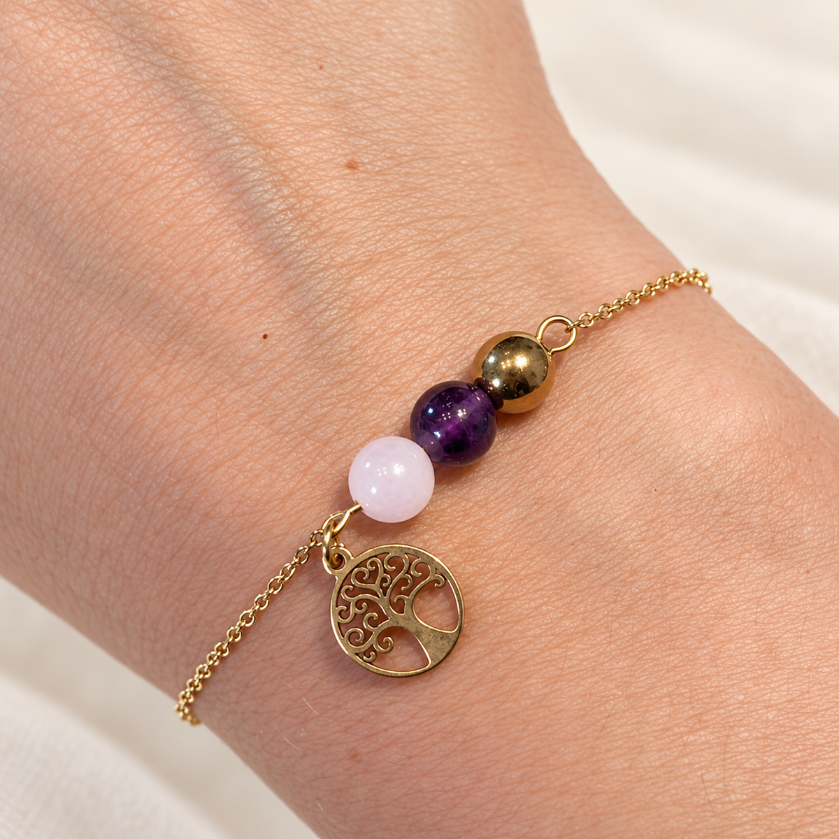 Bracelet anti-stress Arbre de vie – Quartz rose, améthyste et hématite