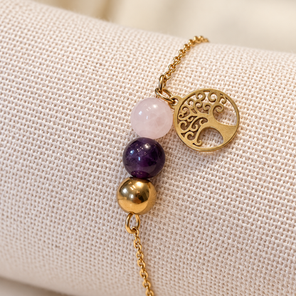 Bracelet anti-stress Arbre de vie – Quartz rose, améthyste et hématite