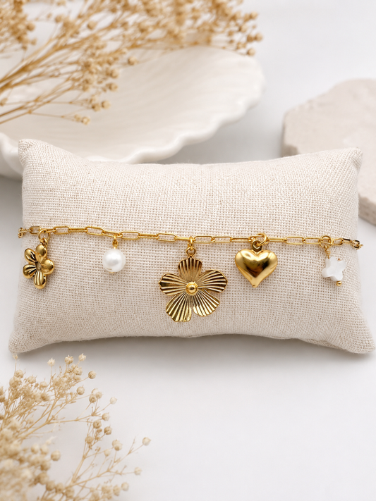 Bracelet Fleur Femme – Perle de Nacre & Acier Inoxydable Doré | Bracelet Élégant en Pierre Naturelle