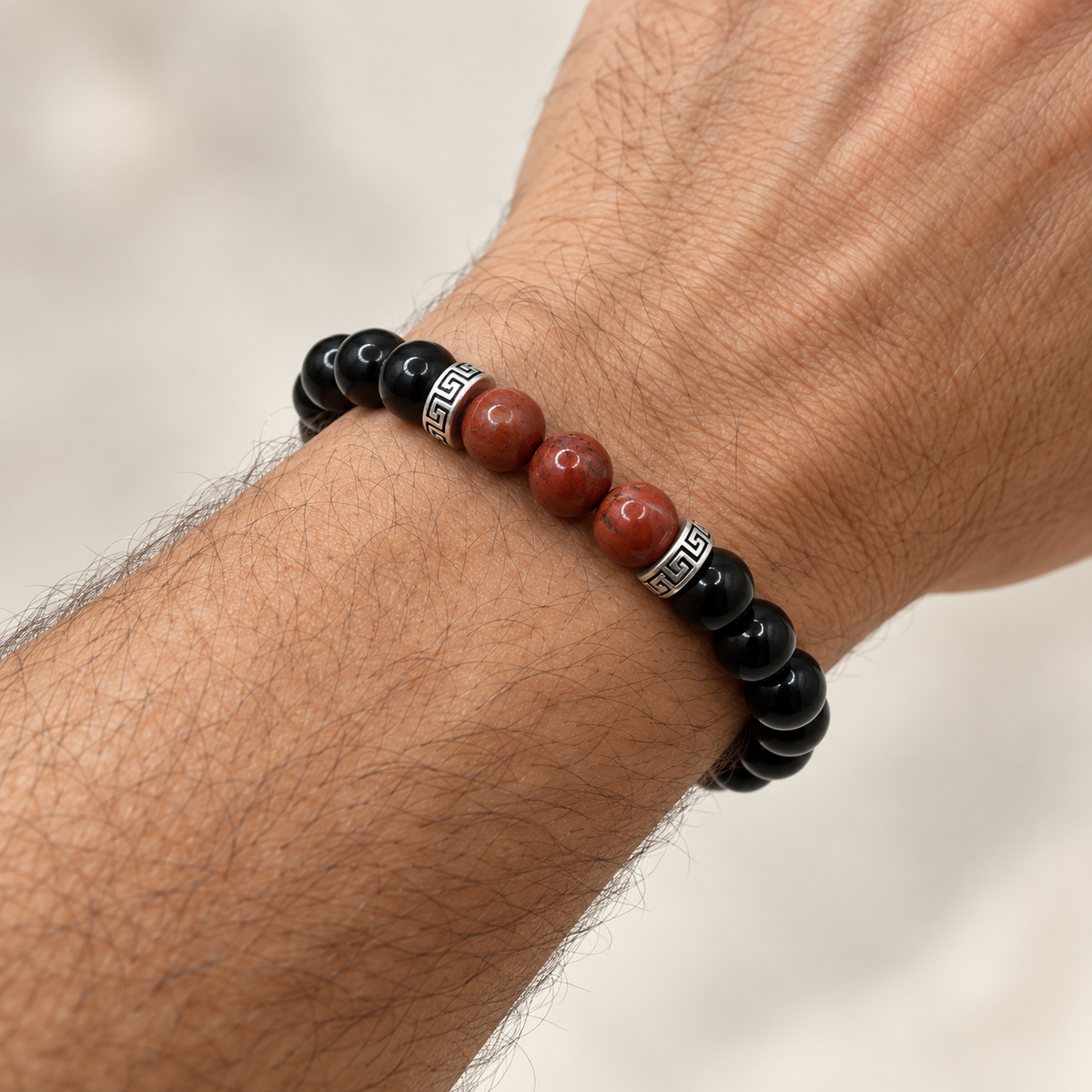 Bracelet obsidienne noire et jaspe rouge – perles 8 mm