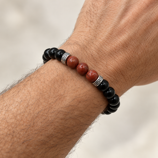 Bracelet obsidienne noire et jaspe rouge – perles 8 mm