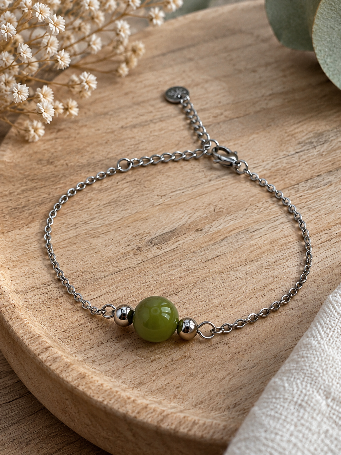 Bracelet Jade Femme en Acier Inoxydable Argenté – Pierre Naturelle